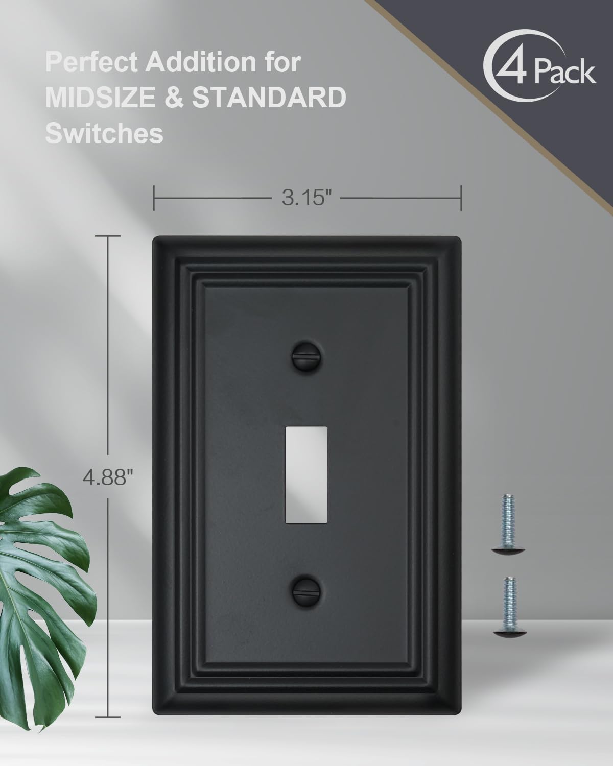 4-Pack Single Toggle Wall Plates, Decorative Black Switch Plate Covers, Metal Light Switch Covers