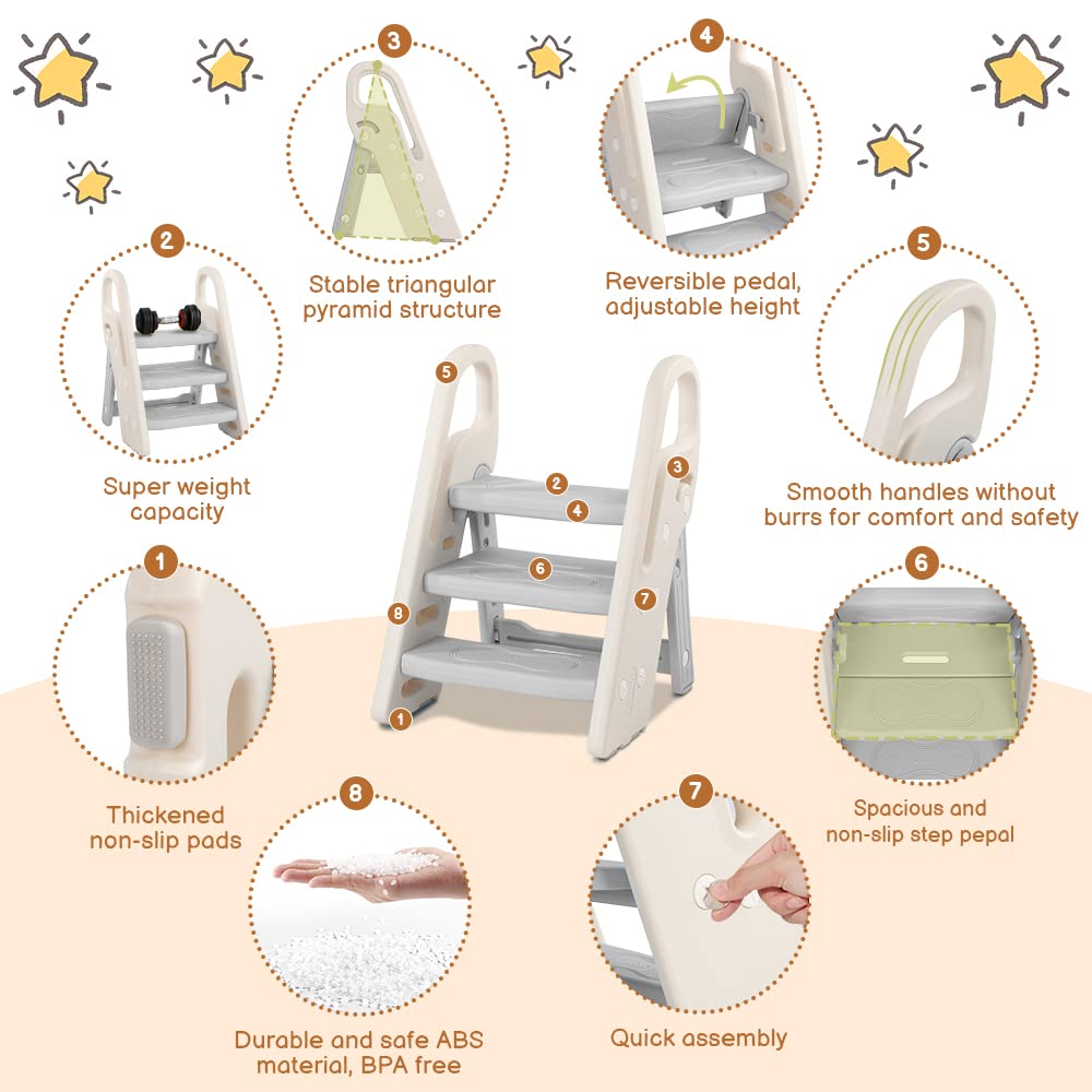 Onasti Foldable Step Stool for Bathroom Sink, Adjustable 3 Step Stool for Kids Toilet Potty