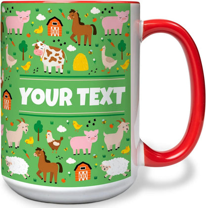 Personalized Mug for Kids - Farm Animals - Custom Name/Text, Ceramic Hot Chocolate/Cocoa/Coffee Cup