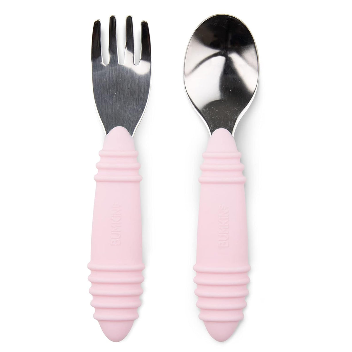 Bumkins Toddler Utensils, Kids Fork and Spoon Set, Silicone and Stainless-Steel Silverware, Angled