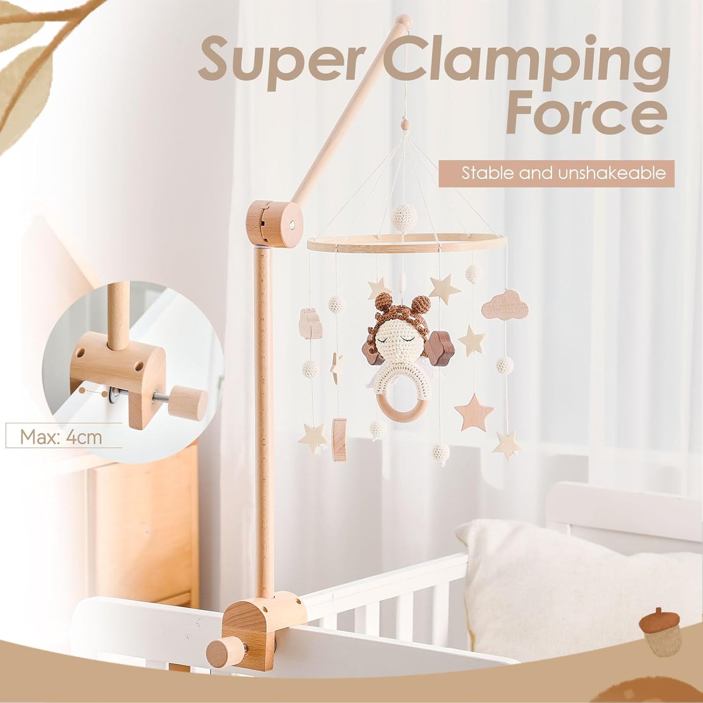HI BABY MONMENT Crib Mobile Arm - Rotating Baby Mobile Hanger, Natural Beech Wood, Mobile Stand for