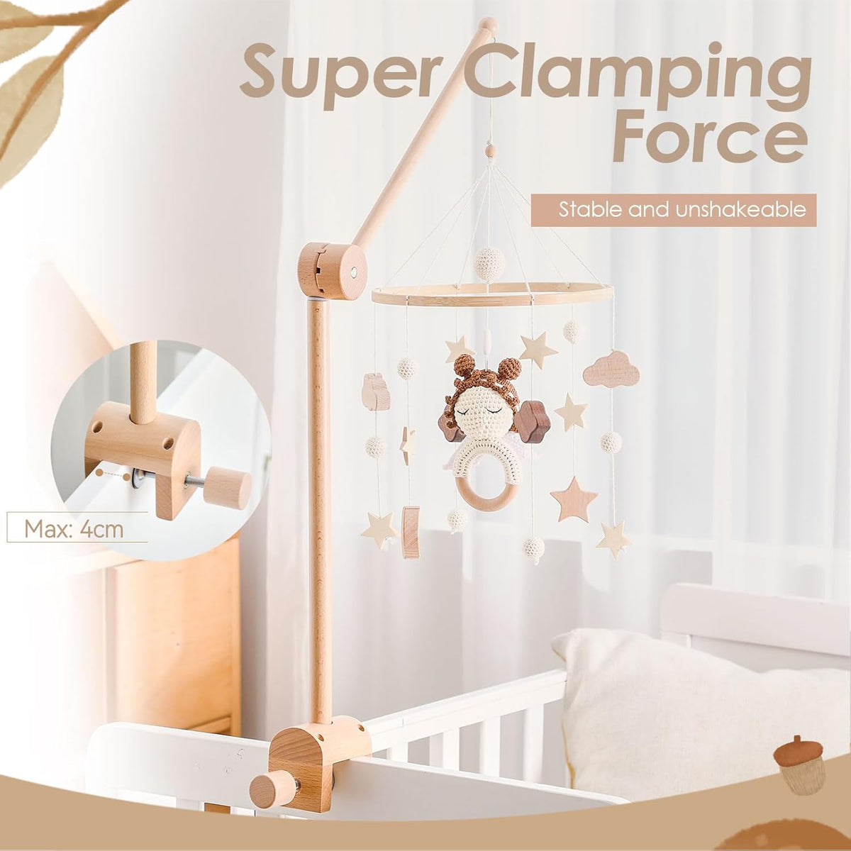 HI BABY MONMENT Crib Mobile Arm - Rotating Baby Mobile Hanger, Natural Beech Wood, Mobile Stand for