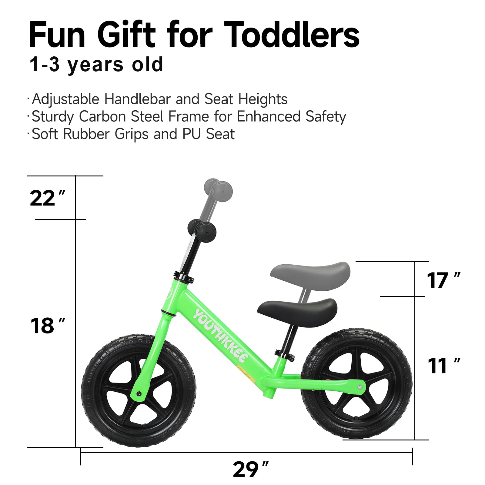 Youthkkee 12 Inch Toddler Balance Bike for 1-3 Year Olds, No-Pedal Bike with Tool-Free Adjustable