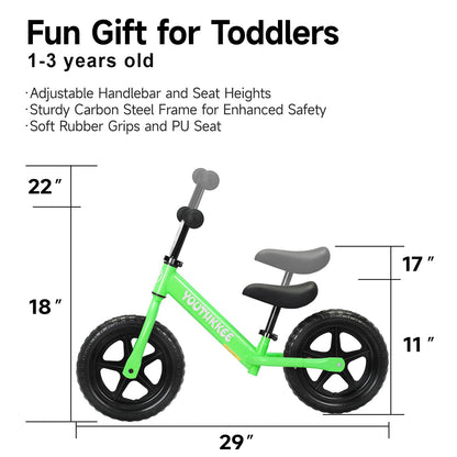 Youthkkee 12 Inch Toddler Balance Bike for 1-3 Year Olds, No-Pedal Bike with Tool-Free Adjustable