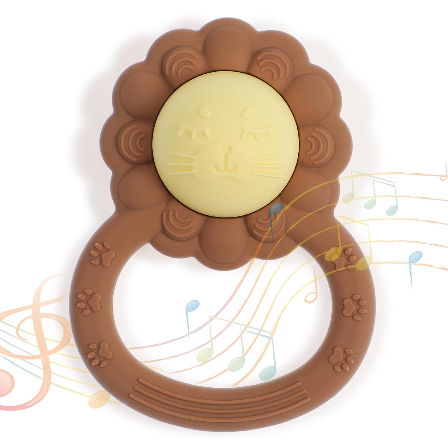 Rattle Teether, Lion Shape Montessori Baby Sensory Teething Toys, Food Grade Silicone BPA Free