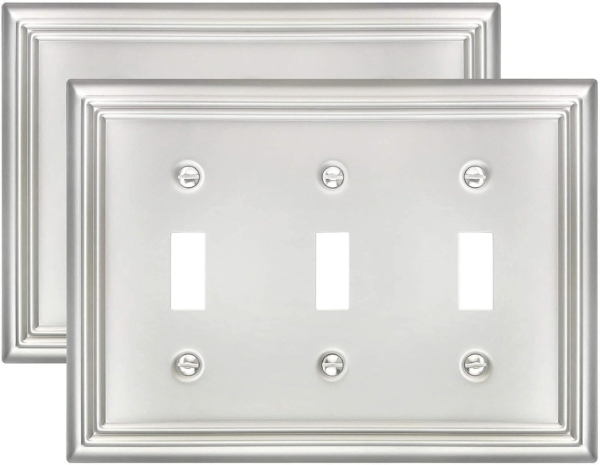 2-Pack Light Switch Cover, Satin Nickel Triple Toggle Wall Plate, Metal Switch Plate Cover
