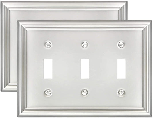 2-Pack Light Switch Cover, Satin Nickel Triple Toggle Wall Plate, Metal Switch Plate Cover