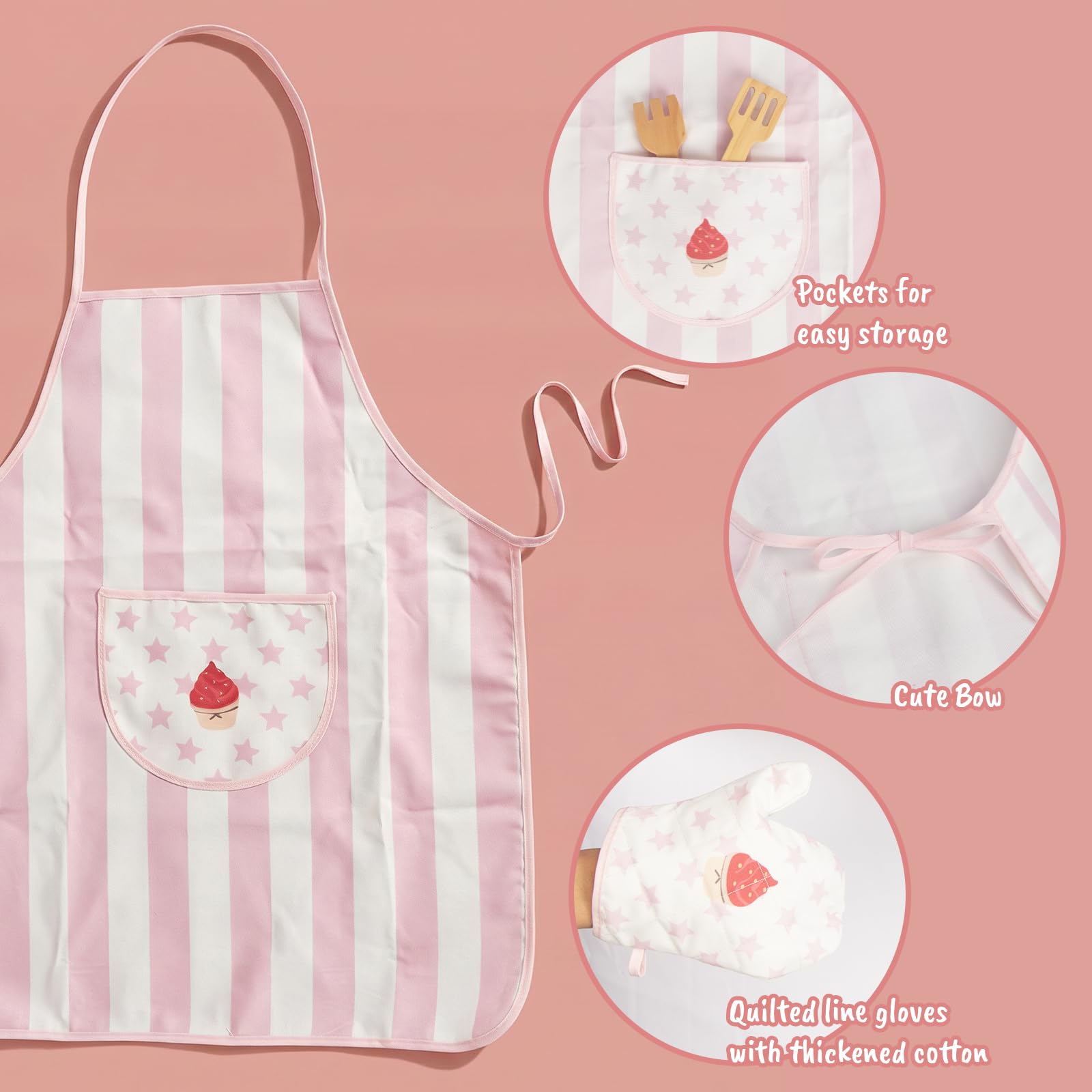 WoodenEdu Kid Apron and Chef Hat Set, 3Pcs Children Cooking Baking Set Kits