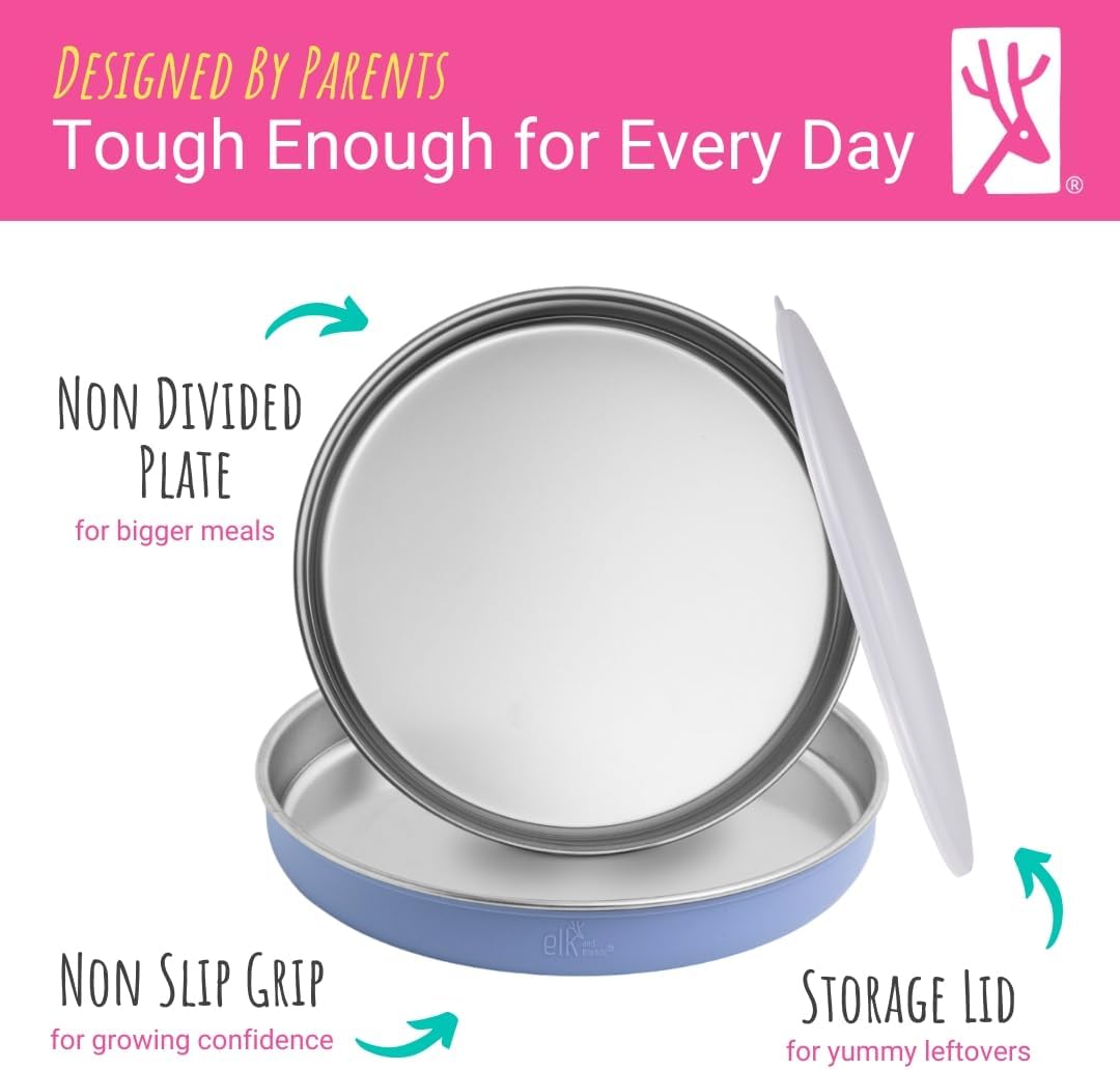 Elk and Friends 7.8” Stainless Steel Non Divided Plates with Silicone Sleeve + Storage Lid | Baby