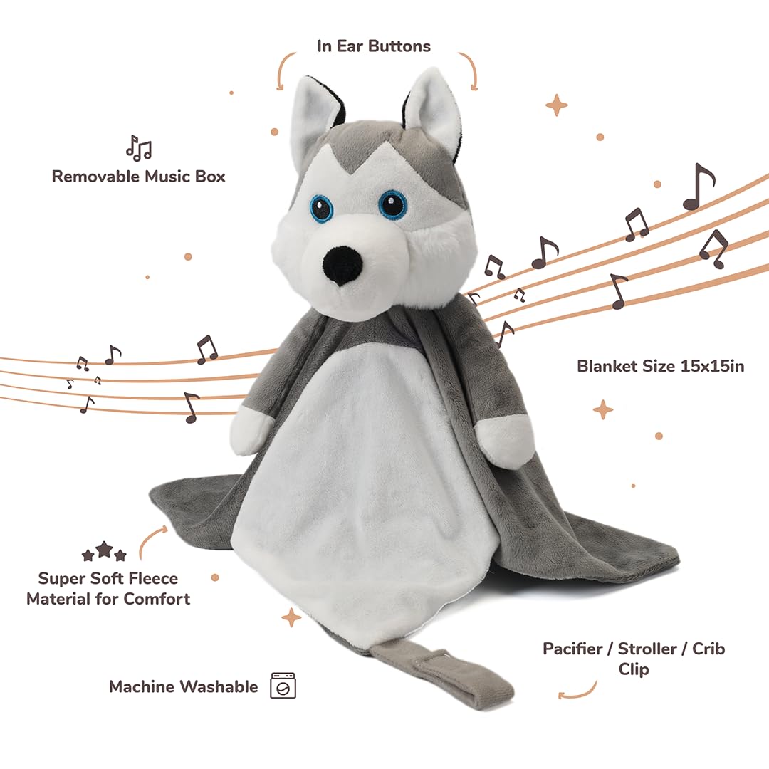 Love By Emi Baby Music Lovey Grey & White Husky, Baby Sleep Soother for Crib & Cuddle Bedtime