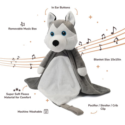 Love By Emi Baby Music Lovey Grey & White Husky, Baby Sleep Soother for Crib & Cuddle Bedtime