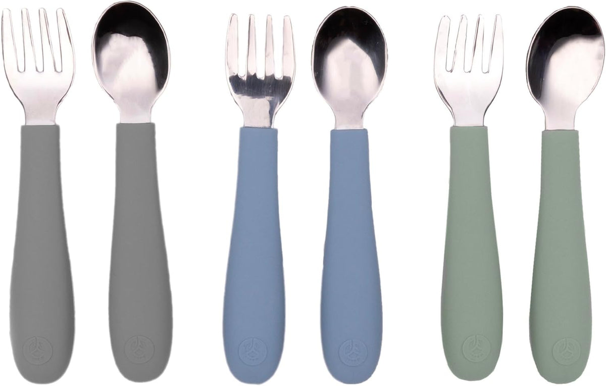 WeeSprout Toddler Utensils, 3 Forks & 3 Spoons, 18/8 Stainless Steel & Food Grade Silicone, Thick