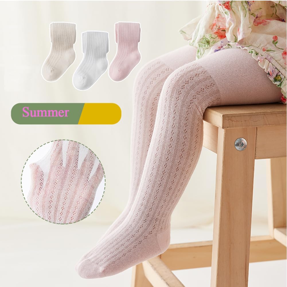 CHUNG Baby Girls Cotton Tights Thin Hollowed Summer with Bowknot Mesh Lace Fashion Toddler Footed