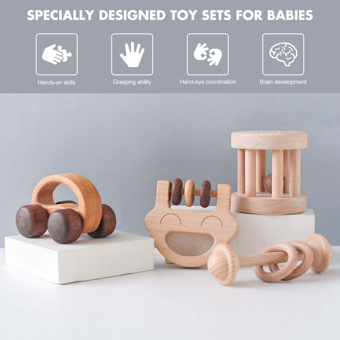 Wooden Baby Rattle Set, Newborn Wooden Rattle Toy, Natural Wooden Montessori Baby Grip Toy, Baby