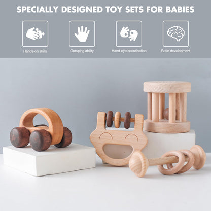 Wooden Baby Rattle Set, Newborn Wooden Rattle Toy, Natural Wooden Montessori Baby Grip Toy, Baby
