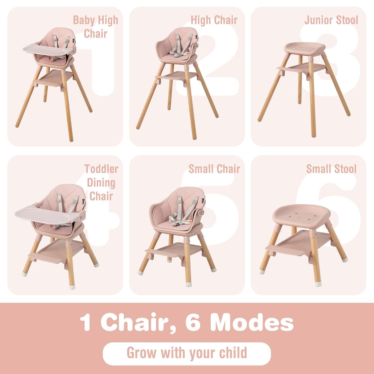 BABY JOY Baby High Chair, 6 in 1 Convertible Wooden High Chair for Babies & Toddlers with