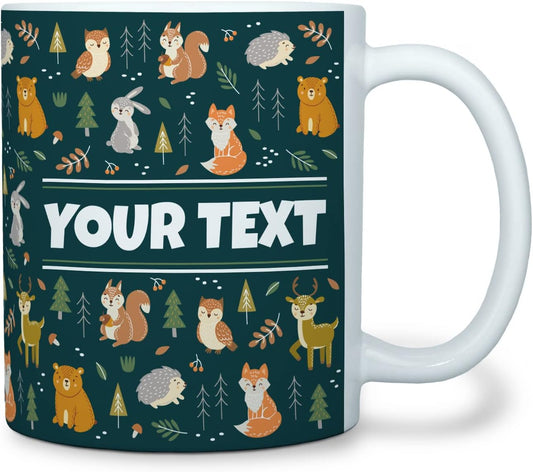 Personalized Mug for Kids - Woodland Animals - Custom Name/Text, Ceramic Hot Chocolate/Cocoa/Coffee