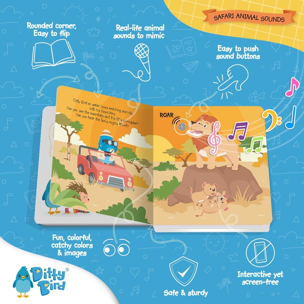 Ditty Bird Safari Book for Toddlers | Realistic Animal Sound Book | Interactive Safari Board Books