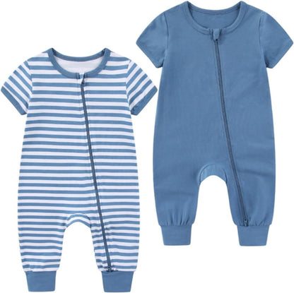 2 Pack Unisex Baby Short Sleeve Rompers 2 Way Zipper New Born One-Piece Jumpsuits 0-24Months Infant