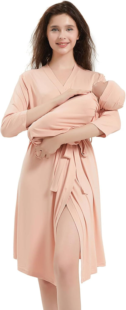 Galabloomer Maternity Robe and Baby Receiving Blanket, Matching Mommy Labor Delivery Robe and