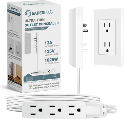 Outlet Concealer Power Strip-Outlet Cover Extender with 3AC Outlets-8ft Flat Plug Extension