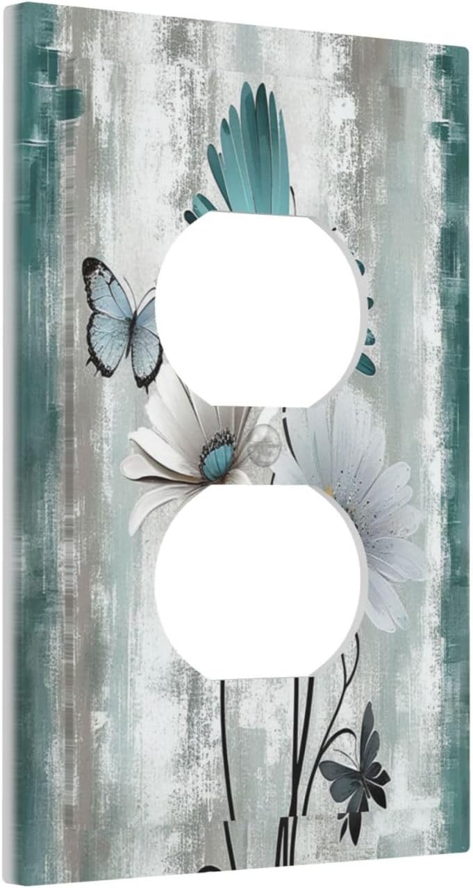 Outlet Covers Rustic Teal Daisy Floral Flowers Butterfly Wood Grain 1 Gang Duplex Wall Plate