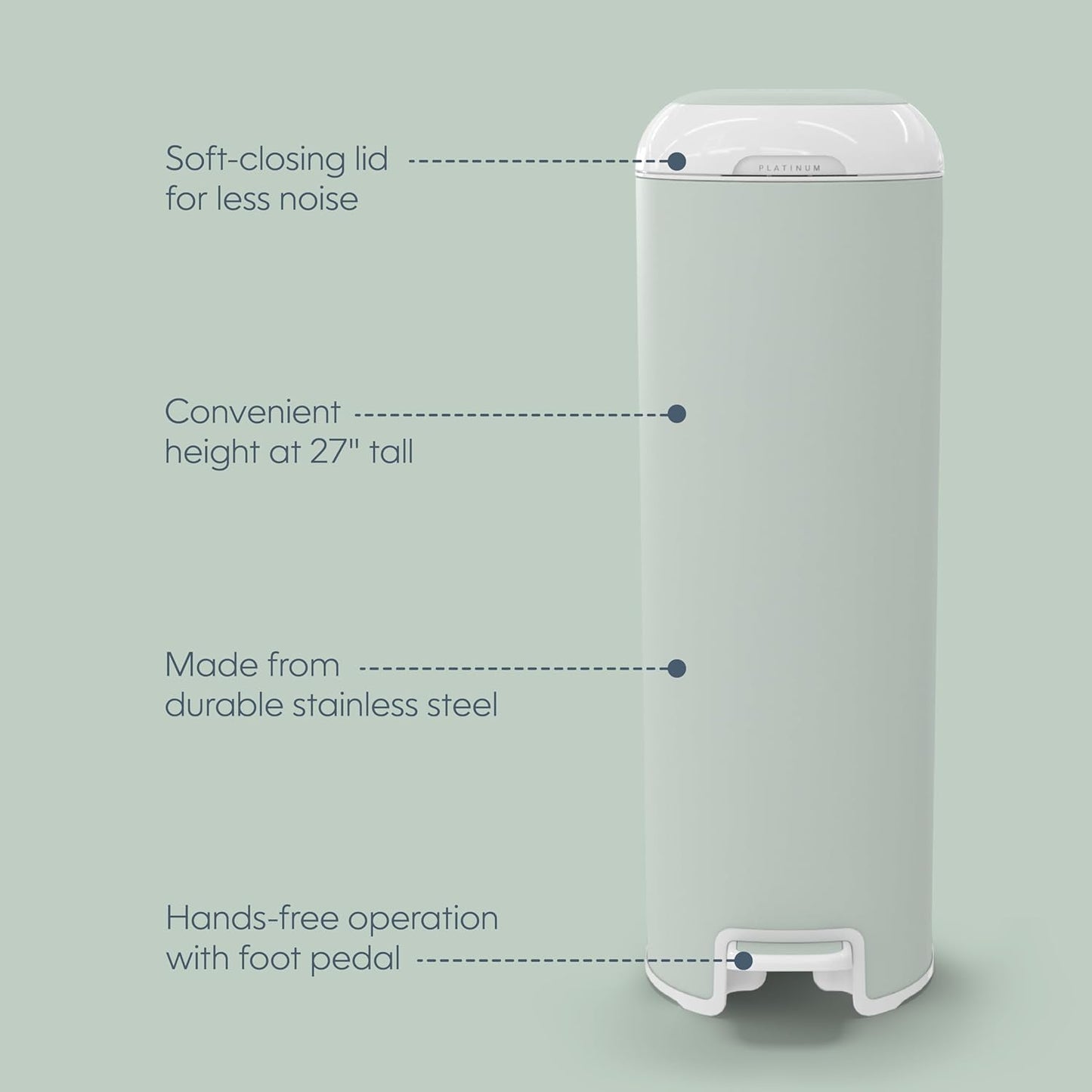 Diaper Genie Platinum Pail (Sage Green) is Made in Durable Stainless Steel and Includes 1 Easy Roll