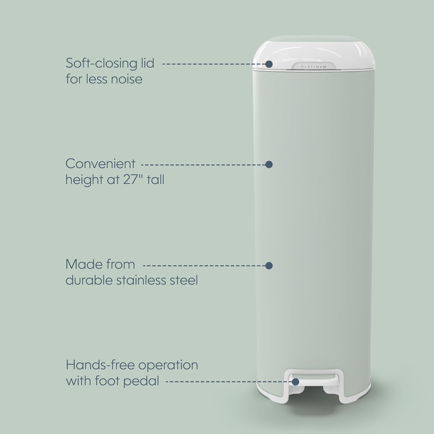 Diaper Genie Platinum Pail (Sage Green) is Made in Durable Stainless Steel and Includes 1 Easy Roll