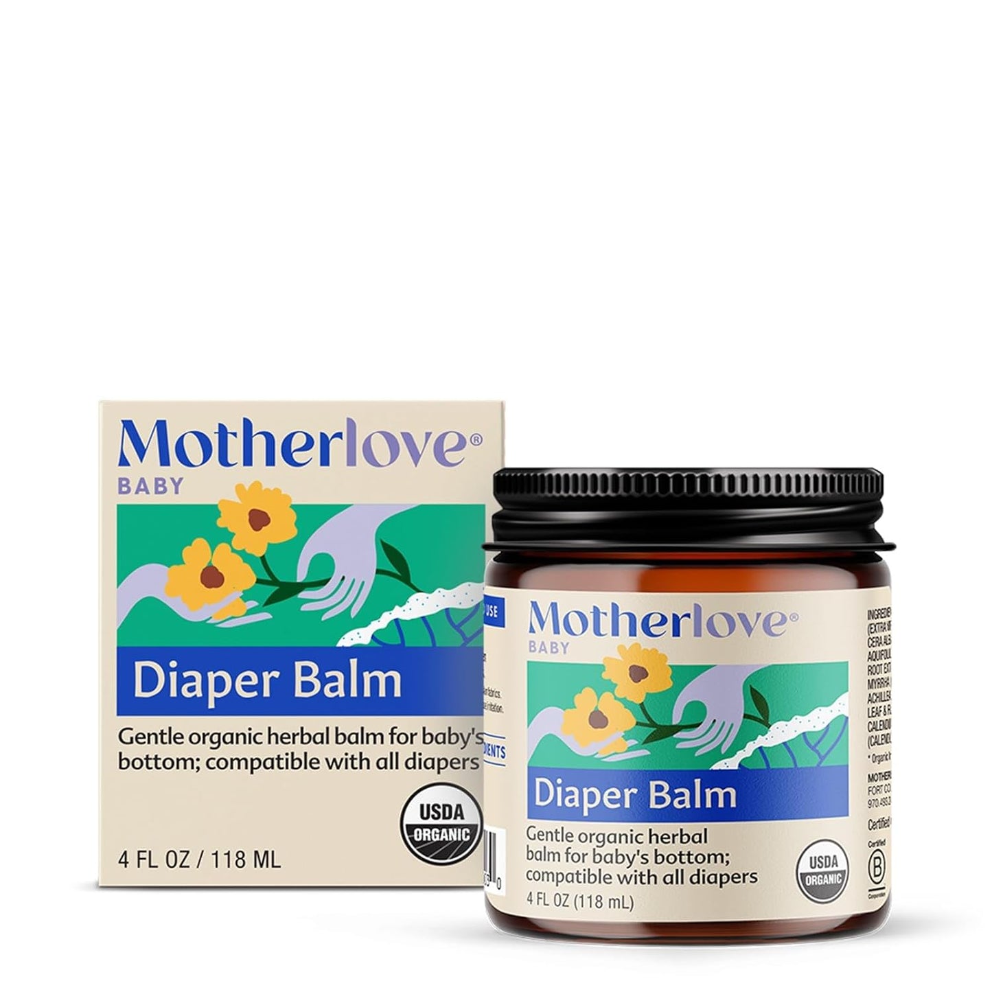 Motherlove Diaper Balm (4 oz) Organic Herbal Diaper Rash Cream—Cloth diaper Safe, Zinc Oxide- &