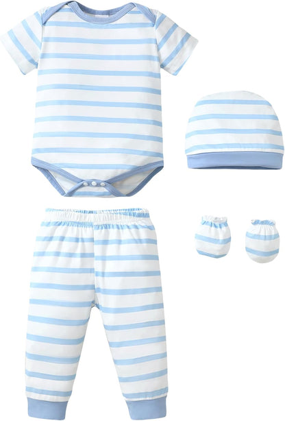 NZRVAWS Newborn Baby Boy Girl Clothes Unisex Infant Romper Pants Set Hat 4-Pack Outfits 0-12 Months