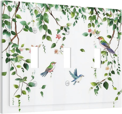 Decorative Switch Plates Green Leaves Bird Eucalyptus Sage Plant 3 Gang Wall Plate Triple Toggle