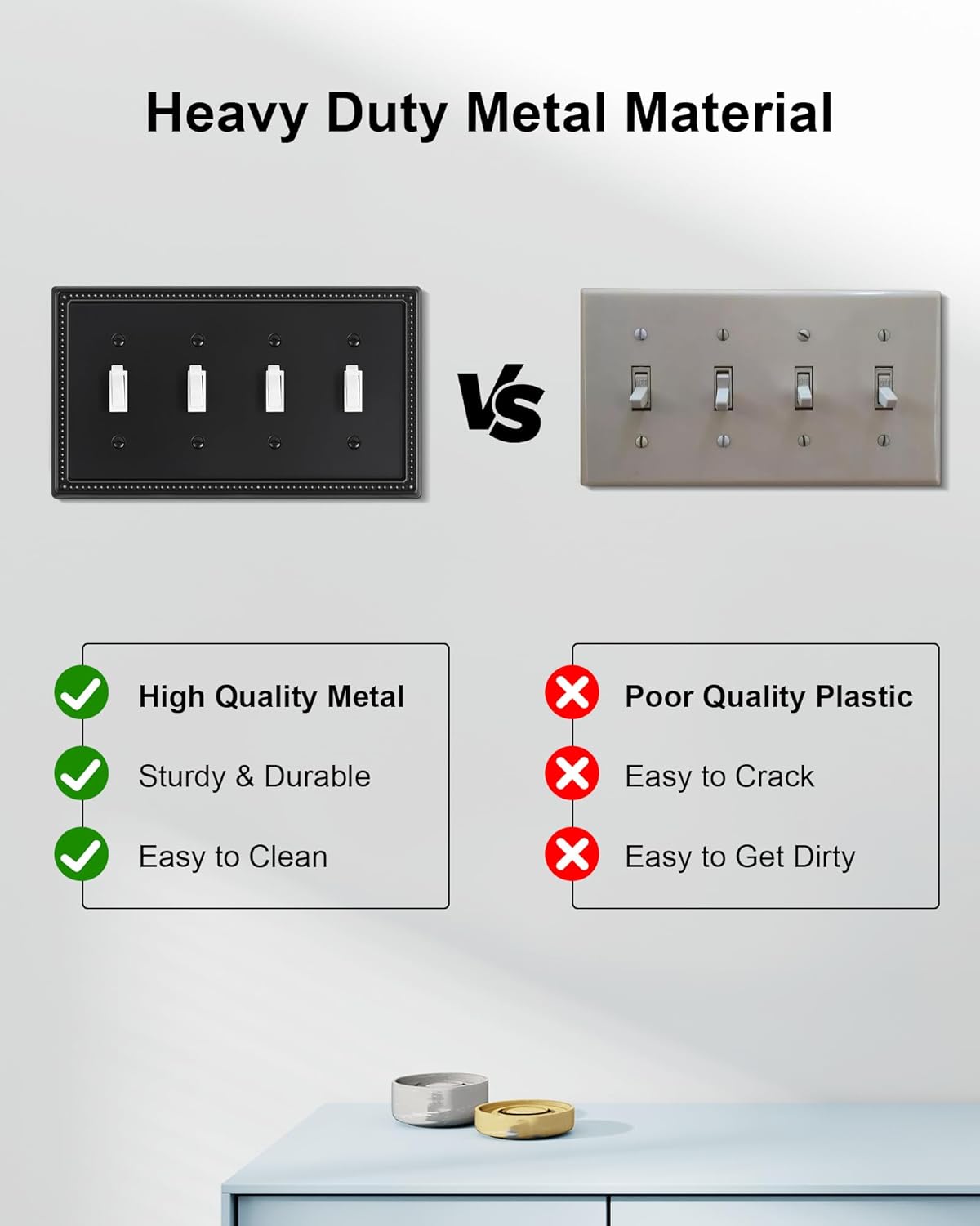 2-Pack Quad Toggle Light Switch Cover Plate, 4 Gang Metal Switch Plate Covers, Black Pearls