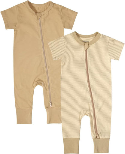 Teach Leanbh Baby Boys Girls 2-Pack Romper Jumpsuits Cotton 2 Way Zipper Short Sleeve Footless