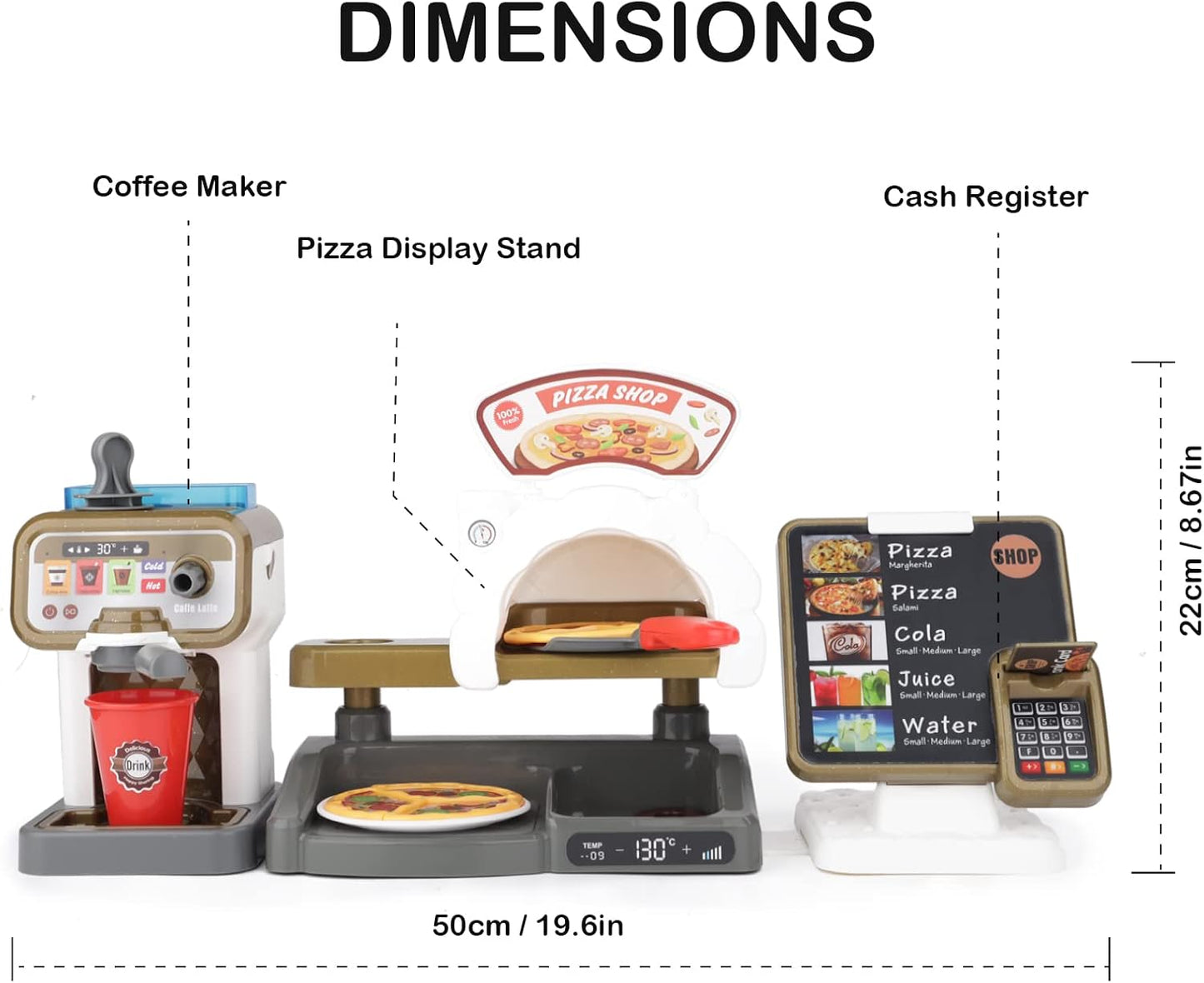 deAO Pretend Play Store Coffee Playset Kids Coffee Maker Play Set Pizzas Shop with Cash Register
