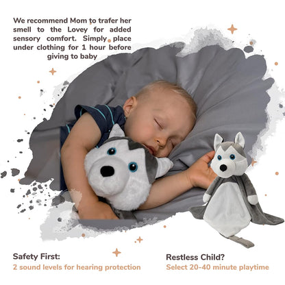 Love By Emi Baby Music Lovey Grey & White Husky, Baby Sleep Soother for Crib & Cuddle Bedtime