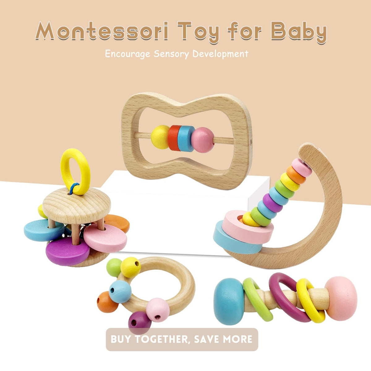 Wooden Baby Rattle, Organic Colorful Baby Rattles Set, Toddler Hand Wooden Rattles Toy Set for