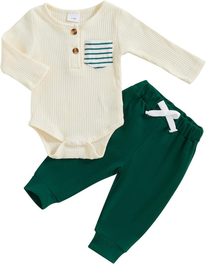 fhutpw Baby Boy Clothes 3 6 12 18 Months Ribbed Knitted Long Sleeve Romper and Pants Sets Newborn