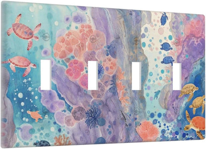 Turtle Coral Fish Watercolor Colorful Underwater World Light Switch Covers Quad Toggle Electrical