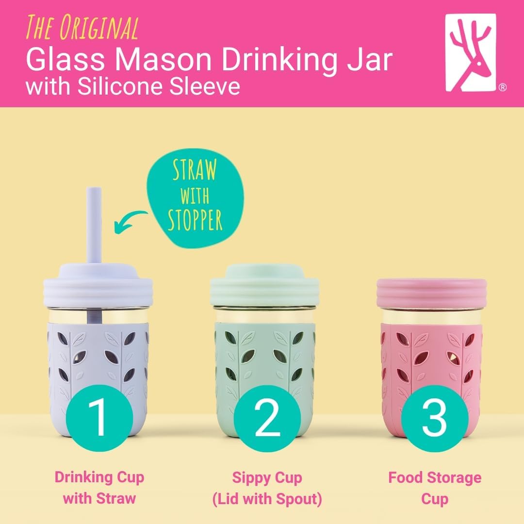 Elk and Friends Kids & Toddler Cups | The Original Glass Mason jars 8 oz with Silicone Sleeves &