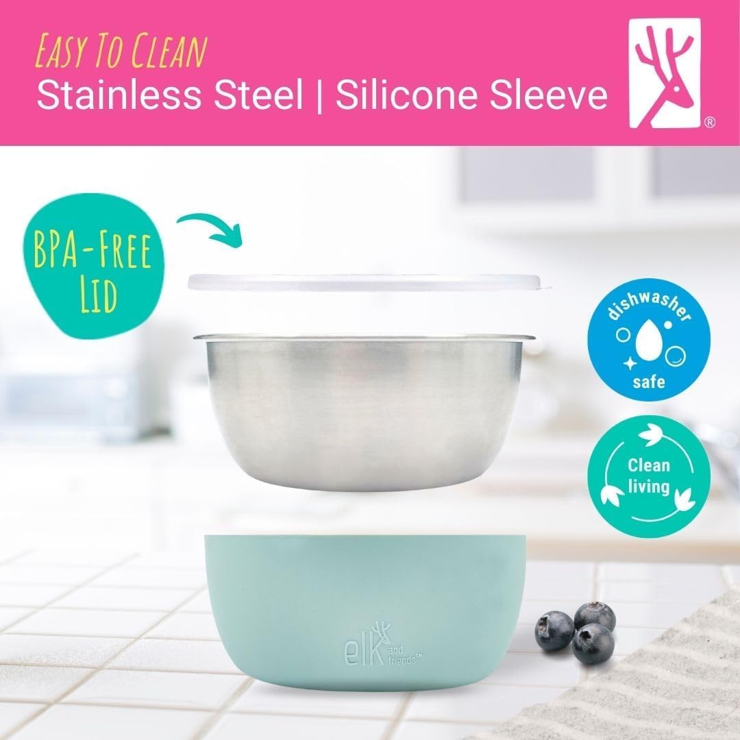 Elk and Friends Stainless Steel Bowls + Silicone Sleeve and Storage Lid | Baby, Toddler, Kids |