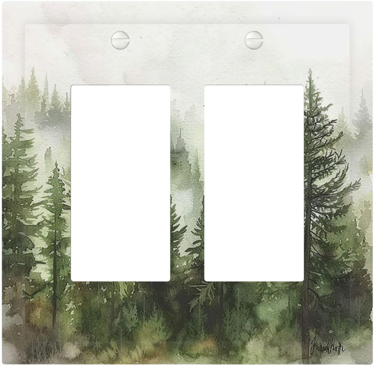 Decorative Outlet Covers Green Forest Watercolor Painting Foggy Pine 2 Gang Double GFCI Rocker