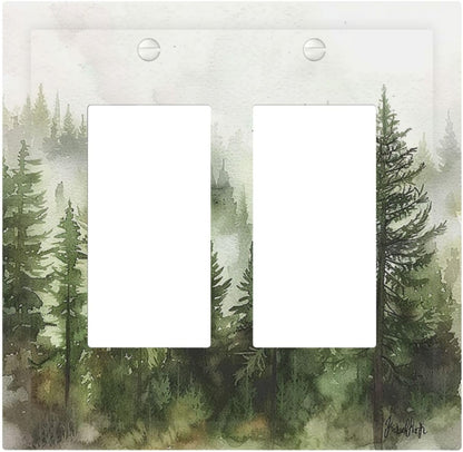 Decorative Outlet Covers Green Forest Watercolor Painting Foggy Pine 2 Gang Double GFCI Rocker