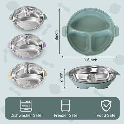 Stainless Steel Toddler Plates with Suction | Non-Slip Divided Baby Plates BPA Free & Non Toxic |