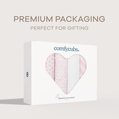 Comfy Cubs Muslin Swaddle Blankets Pack of 4, 47 x 47 Inches, Soft Cotton Baby Blanket Set, Large