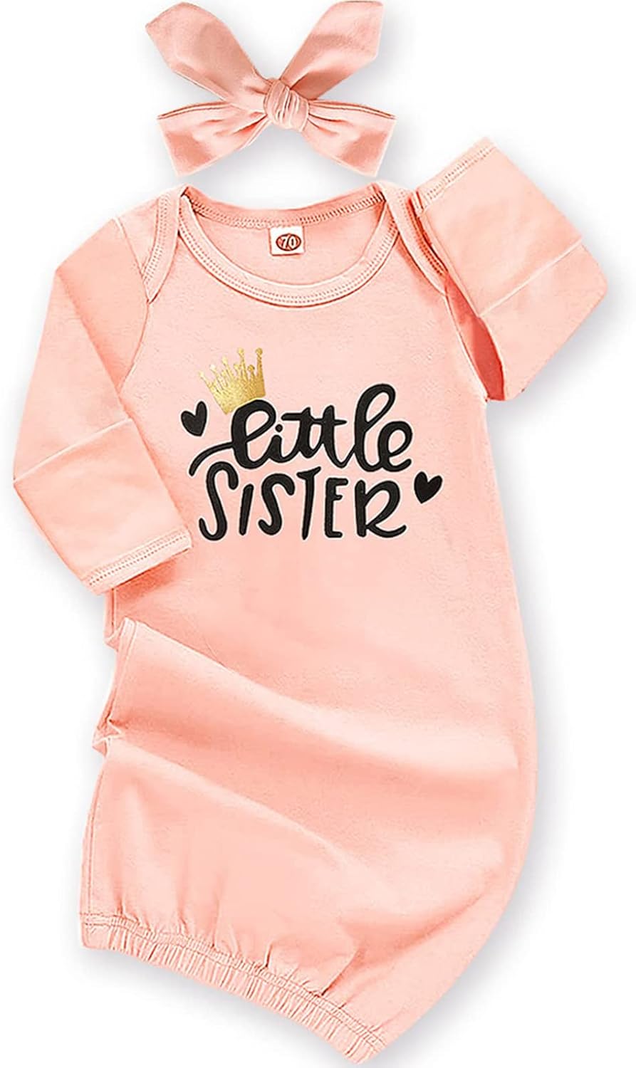 AMAWMW Newborn Baby Girl Little Sister Sleeper Gown Stripe Long Sleeve Nightgown Pajamas Gifts