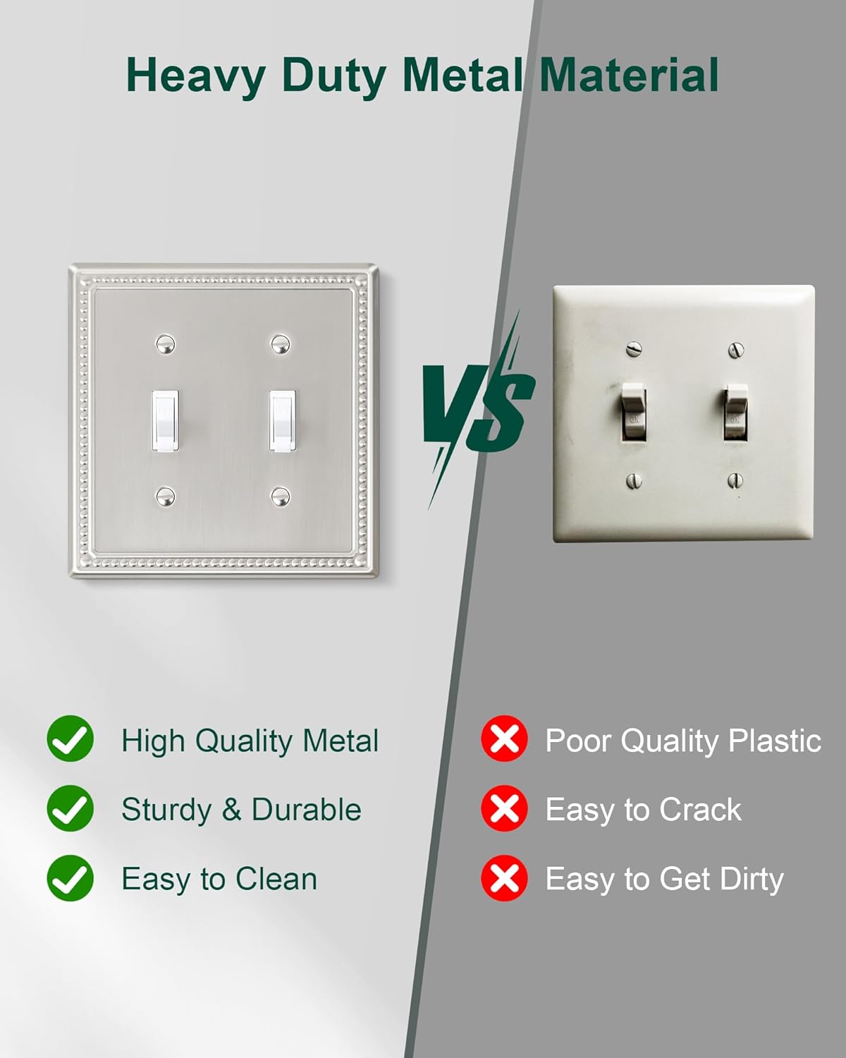 2-Pack Double Toggle Light Switch Cover Plate, Pearls Decorative Dual Switch Plate Covers, Brushed
