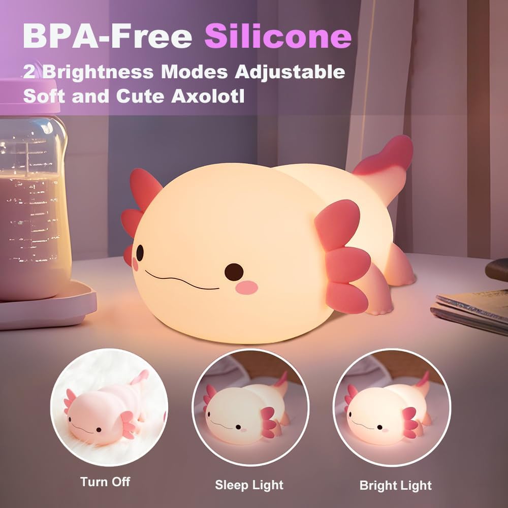 Cute Axolotl Night Light for Kids Bedroom, Animal Silicone Nursery Night Lamp Touch Control