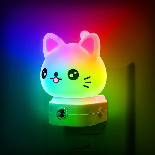 Cat Night Lights Plug Into Wall, Cute Night Light for Kids, 8-Color RGB LED Night Light with Dusk
