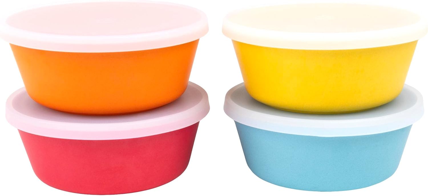 WeeSprout Bamboo Kids Bowls with Lids, Set of Four 10 oz Kid-Sized Dinnerware, Cereal, Leftovers &