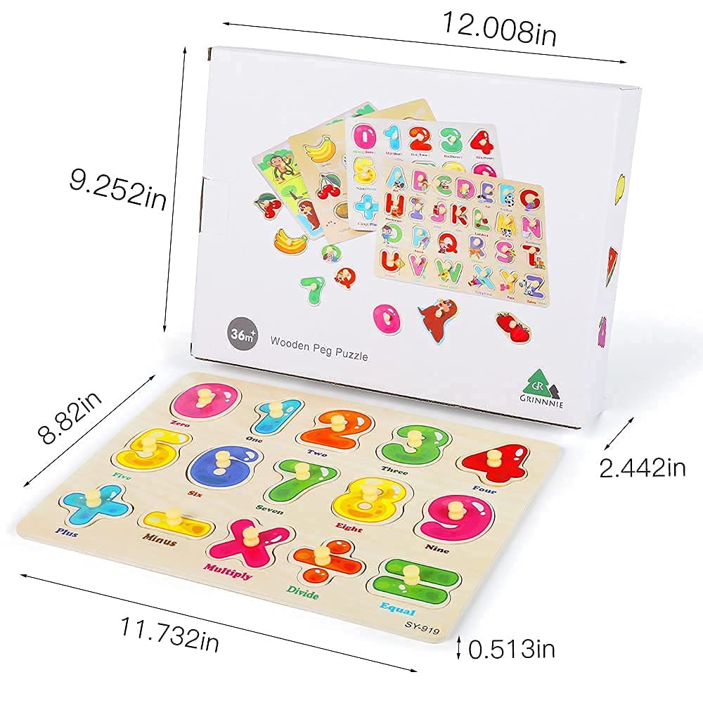 GRINNNIE Wooden Peg Puzzle for Toddlers 3 4 5 Years Old, 4 PCS Montessori Educational Learning